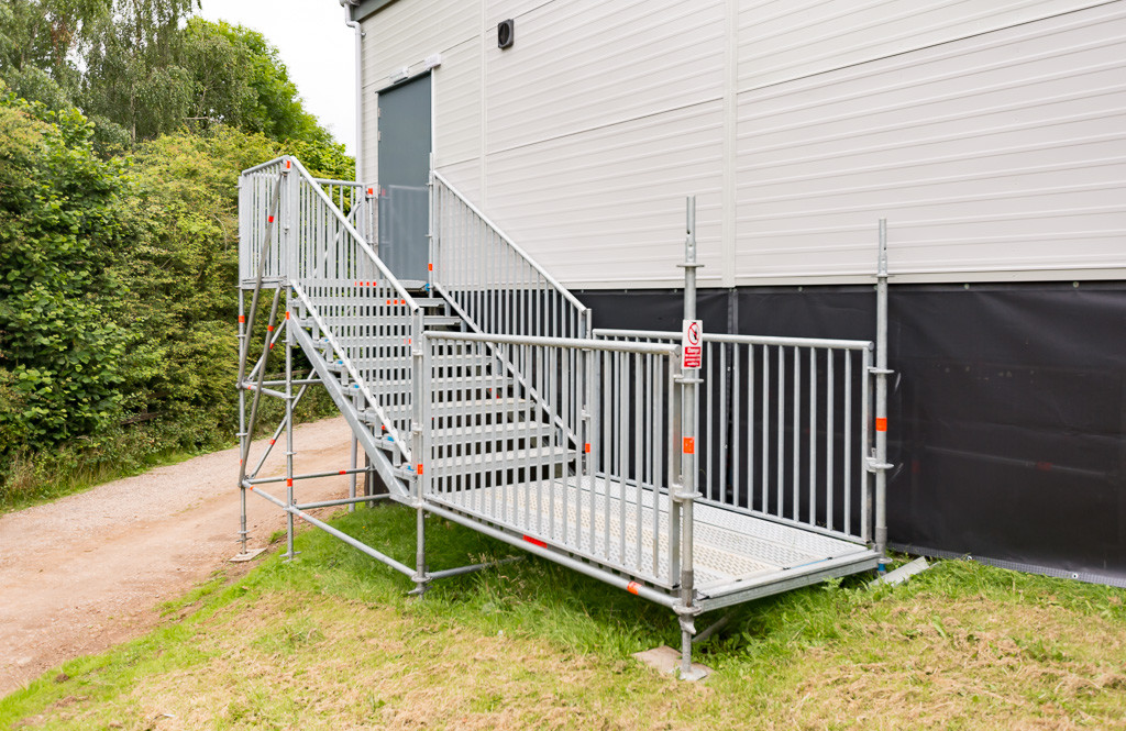 Layher staircase system suitable for use at public events.